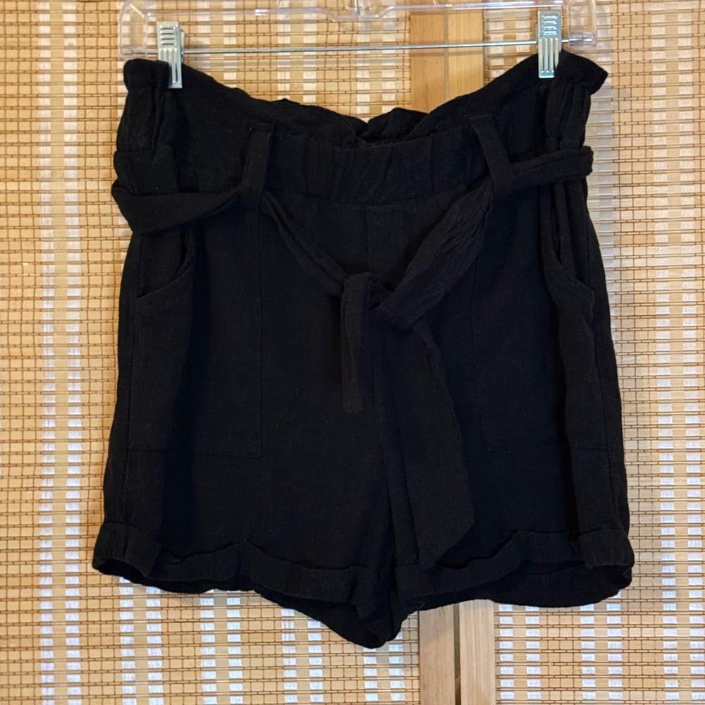 Aeropostale Womens Black Paperbag Waist Linen Blend Shorts Size Medium Tie Belt